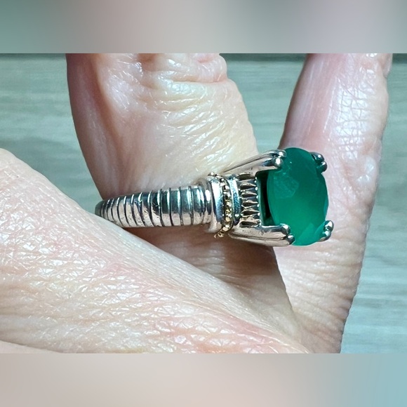Designer Signed ATR Sterling Silver & 14K Gold Green Chalcedony Ring, Size 6.75 - Picture 10 of 11